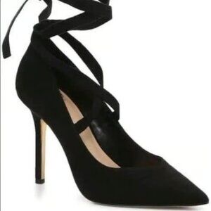 JLo Black Suede Stiletto Tie Up Ribbon Heels - 6.5